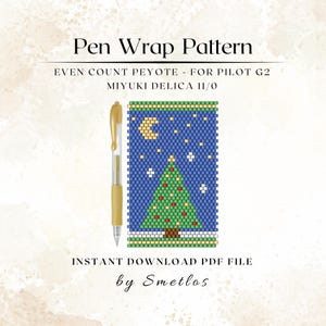 May include: A gold Pilot G2 pen beside a beaded pen wrap pattern. The pattern shows a Christmas tree, moon, and stars on a blue backdrop. The text reads "Pen Wrap Pattern" and "Instant Download PDF File".
