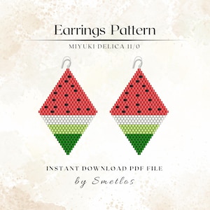 May include: A pair of beaded earrings in a watermelon design. The earrings are diamond-shaped, with a red top dotted with black beads, a white stripe, a light green stripe, and a dark green bottom. The text "Earrings Pattern" and "MIYUKI DELICA 11/0" are at the top.