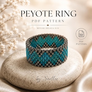 May include: A beaded ring featuring a geometric pattern in teal and metallic dark gray Miyuki Delica 11/0 beads. The text PEYOTE RING PDF PATTERN and by Smetlos is visible. This is a digital PDF pattern for a woven bead ring design.