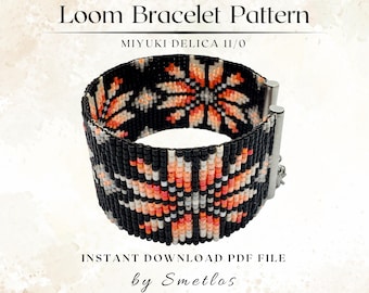 Orange Flowers Seed Bead Bracelet Pattern, Loom Beading Pattern PDF, Miyuki Delica Cuff Bracelet, Bead Loom Tutorial