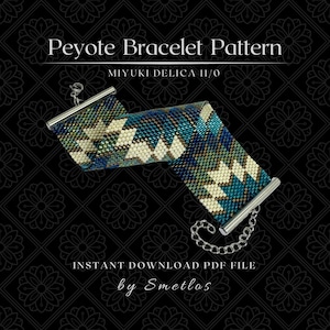 May include: A beaded peyote bracelet pattern in shades of teal, blue, and cream, with a geometric design. The bracelet is shown with silver-toned clasps and a chain. Text on the image reads "Peyote Bracelet Pattern" and "Instant Download PDF File by Smetlos."
