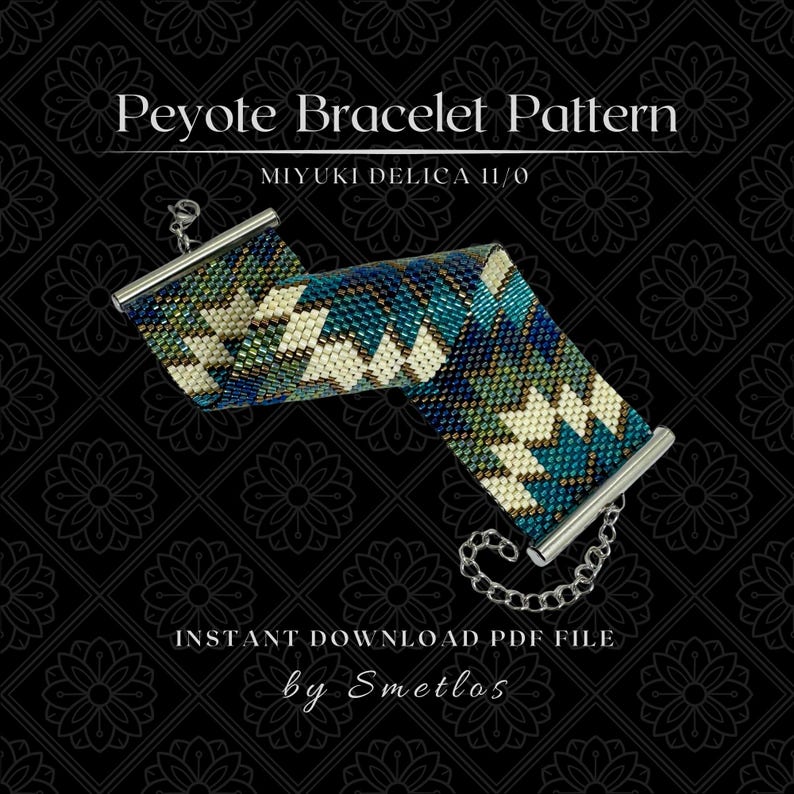 May include: A beaded peyote bracelet pattern in shades of teal, blue, and cream, with a geometric design. The bracelet is shown with silver-toned clasps and a chain. Text on the image reads "Peyote Bracelet Pattern" and "Instant Download PDF File by Smetlos."
