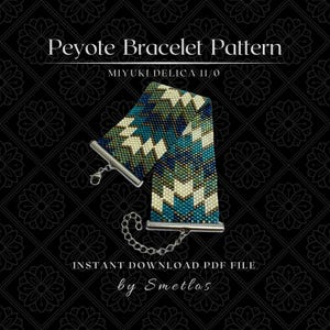 May include: A beaded Peyote bracelet pattern with a geometric design in shades of teal, green, and cream. The bracelet is displayed on a black background with floral patterns. Text includes "Peyote Bracelet Pattern" and "MIYUKI DELICA 11/0".