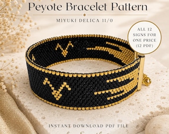 Zodiac Signs Peyote Bracelet Pattern, Miyuki Delica Beading Tutorial (12 PDF)