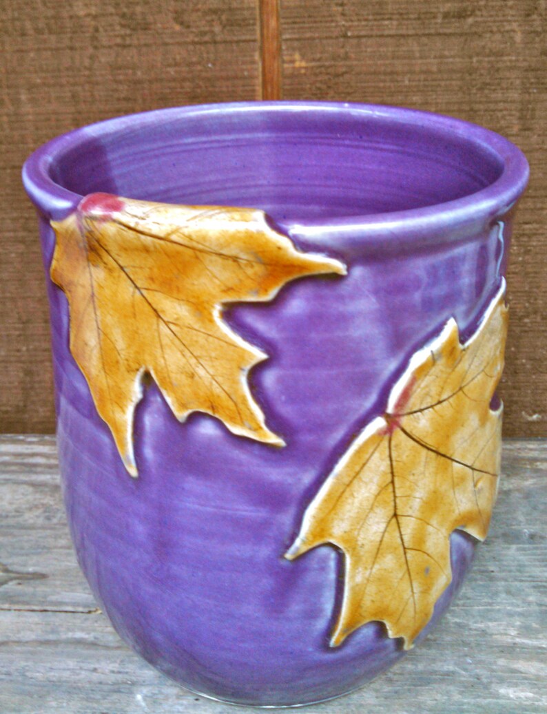 Maple Leaf Crock Kitchen Utensil Holder Purple Pottery Etsy