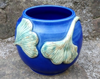 Gingko Leaf Vase, Ready to Ship, Indigo Pottery Vase, Stoneware Crock, Leaf Vase,  Satin Matte Vase