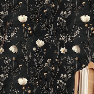 Dunkle Luxustapete, Abnehmbare Tapete zum Abziehen und Aufkleben, dunkle, schwermütige Blumentapete, Gänseblümchen-Blumentapete, elegante schwarze Tapete, DIY