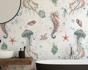 Jellyfish Wallpaper Peel and Stick | Underwater Ocean Mural | Blue Sea Life Wall Decor for Bathroom