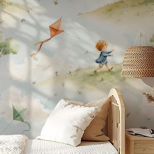 Watercolor Kite and Cloud Nursery Wallpaper - Whimsical Sky Wall Mural, Peel Stick Baby Room Decor, Pastel Blue Kids Playroom Wall Art