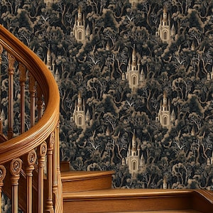 Dark Academia Removable Wallpaper, Gothic Forest Peel & Stick Wallpaper, Fairytale Castle Wallpaper, Medieval Castle Mural, Whimsical Mural