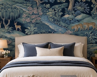 Papel de Parede Estilo William Morris The Velvet Forest, Mural de Parede com Animais da Floresta Encantada, Papel de Parede Vintage com Tema da Natureza, Mural de Papel de Parede Azul Toile