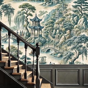 Japanese Wallpaper Mural, Removable Green Wallpaper, Landscape Peel and Stick Wallpaper,  Asian Wallpaper Mural, Willow Trees Wallpaper, DIY
