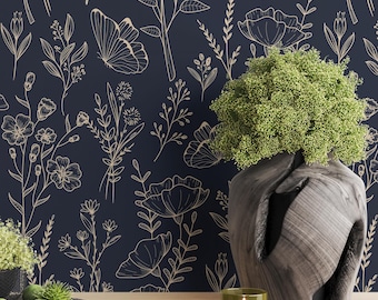 Dark Vintage Botanical Peel and Stick Wallpaper: Cottagecore Floral Mural, Removable Wildflower Wallpaper