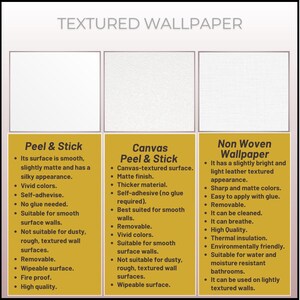May include: An informational graphic displays three types of textured wallpaper: Peel & Stick, Canvas Peel & Stick, and Non Woven Wallpaper. Each type is described with features like color, texture, and application methods. The text is in a clear, easy-to-read format.