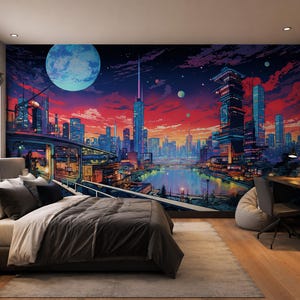 May include: A wall mural featuring a futuristic cityscape at sunset with a large moon, glowing skyscrapers, and a reflective river. The scene includes a bridge in the foreground, vibrant red and blue sky tones, and a dark, detailed urban skyline.