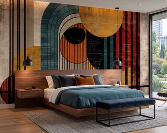 Mid Century Modern Abstract Wall Mural, Geometric Arches Wallpaper Peel and Stick, Boho Modern Decor, Teal Terracotta Mustard Yellow Gold