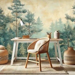 Forest Vintage Wallpaper, Peel Stick Wallpaper, Watercolor Trees Mural Wallpaper, Nature Wall Decor, Misty Woodland Wall Covering, DIY