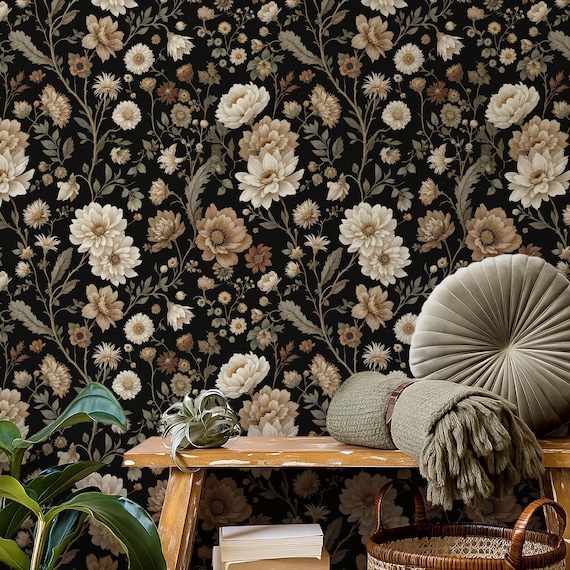 Dark Floral Wallpaper: Vintage Botanical Wall Mural, Cottagecore Decor, Dahlia Wallpaper