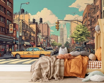NYC Cityscape Wallpaper Mural: Hand-Drawn Comic Style, Peel and Stick Wallpaper, Retro City Wallcovering