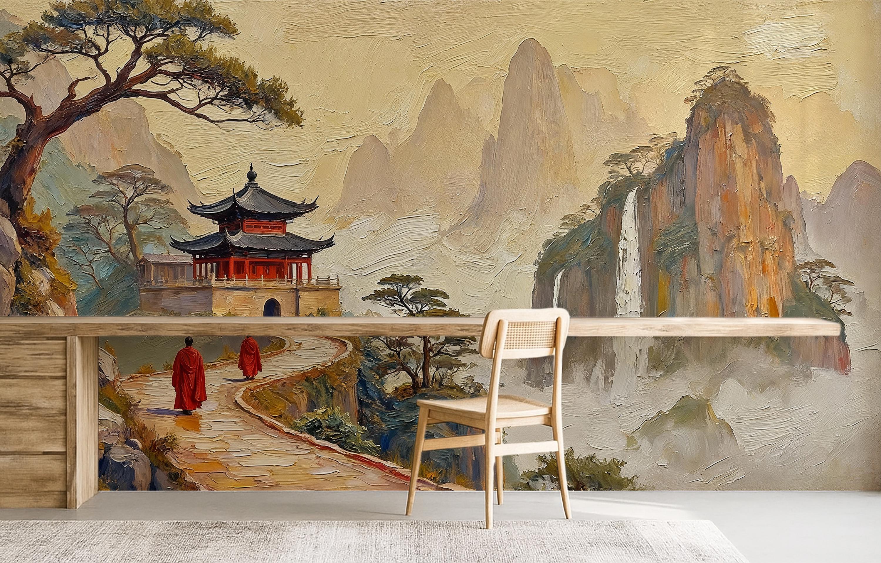 Zen Garden Wallpaper, Asian Mountain Landscape Wall Mural, Oriental Oil ...