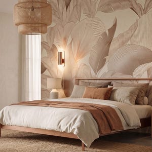 Tropische Blattschale und Stick-Tapete, großformatige botanische Linie Kunstwandbild, Sepia-Dschungeldekor