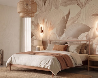 Tropische Blattschale und Stick-Tapete, großformatige botanische Linie Kunstwandbild, Sepia-Dschungeldekor