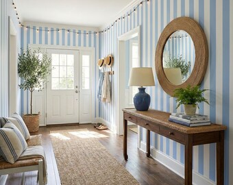 Papel pintado autoadhesivo de rayas azules y blancas: decoración moderna para pared de guardería o infantil, fácil de aplicar, tamaño personalizado.