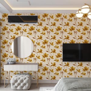 Gold Floral Peel and Stick Wallpaper: Beige Lily Botanical Mural