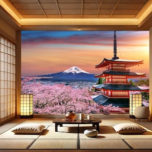 Mount Fuji and Cherry Blossoms Wallpaper - Pagoda Prints - Zen Garden Aesthetic - Japan Wall Art - Pink Aesthetic Home Decor - Diy