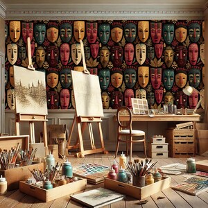 May include: An artist's studio with wooden easels, paint supplies, and a desk. The room features a wall covered in colorful mask designs. The studio is filled with art supplies, including paintbrushes, paints, and palettes.