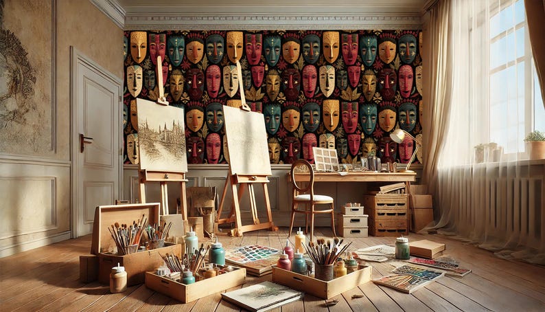 May include: An artist's studio with wooden easels, paint supplies, and a desk. The room features a wall covered in colorful mask designs. The studio is filled with art supplies, including paintbrushes, paints, and palettes.