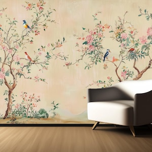 Elegant Bird and Floral Wallpaper Soft Pastel Background, Delicate Branches and Flowers, Vintage Wall Mural