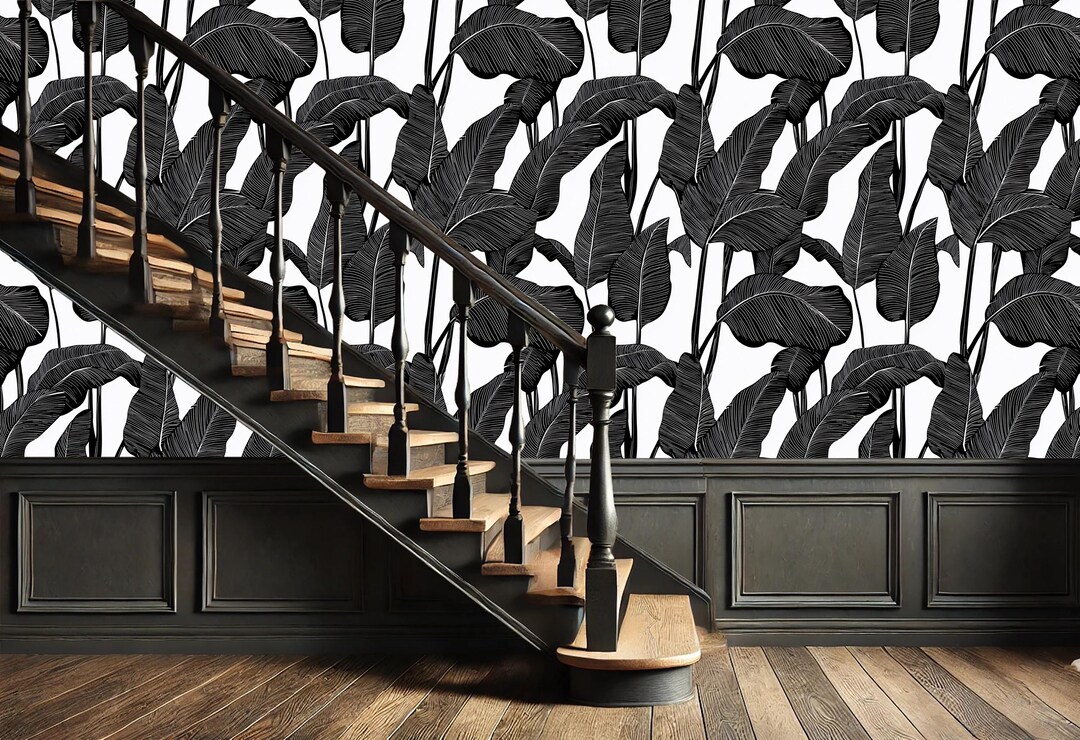 Black and White Palm Leaf Wallpaper | Tropical Peel and Stick Mural ...