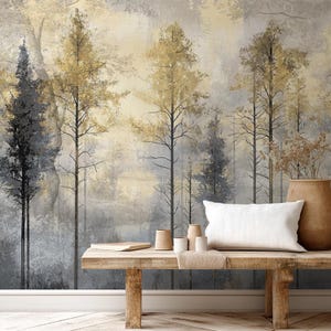 Golden Forest Wallpaper Mural, Peel and Stick Misty Tree Landscape, Muted Gold Gray Neutral Living Room Bedroom Accent Wall Decor