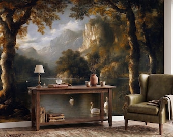Scenic Landscape Wallpaper Mural with Swan Lake and Forest, Vintage Oil Painting Style Wall Mural, Peel and Stick Removable Wall Decor