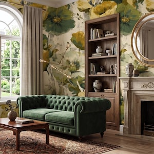 Mustard Yellow Green Poppy Wallpaper: Vintage Floral Peel and Stick Wallpaper, Luxury Accent Wall