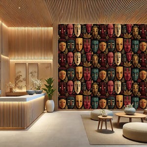 May include: An interior design featuring a wall covered in colorful tribal masks. The masks are in various colors, including red, yellow, green, and blue. The room has a modern design with wooden accents, a reception desk, and seating.