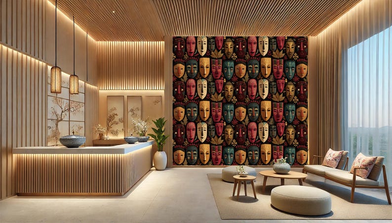 May include: An interior design featuring a wall covered in colorful tribal masks. The masks are in various colors, including red, yellow, green, and blue. The room has a modern design with wooden accents, a reception desk, and seating.