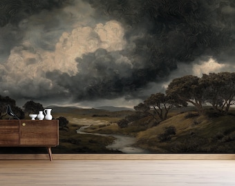 Moody Landscape Wall Mural: Stormy Sky Peel and Stick Wallpaper