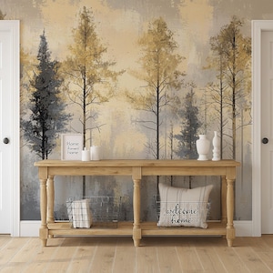 Misty Forest Wallpaper Mural: Golden Tree Peel & Stick Wall Art