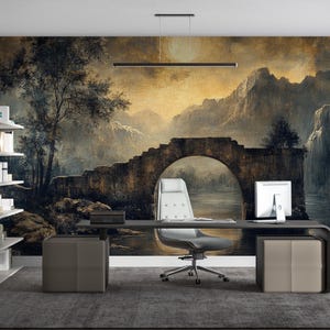 Gothic Mountain Bridge Peel and Stick Wallpaper: Old World Landscape Wall Mural