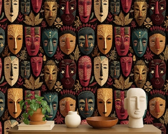 African Art Peel and Stick Wallpaper: Tribal Folk Art Mural, Removable Canvas