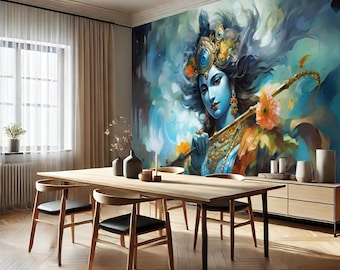 Radha Krishna Indian Painting Wall Art: Spiritual Home Decor, Indian Wallpaper Peel and Stick
