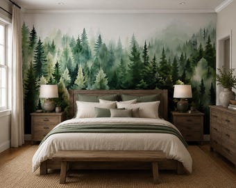 Misty Forest Wallpaper Mural, Watercolor Pine Trees Wall Mural, Woodland Peel and Stick Wallpaper, Nature Bedroom Decor