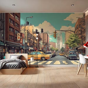 Carta da parati con vista sulla città / Carta da parati murale di New York / Carta da parati staccabile e adesiva / Carta da parati con decorazioni urbane / Carta da parati con città dei fumetti / Città disegnata a mano / Carta da parati con città retrò