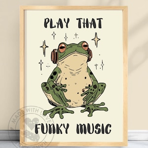 Reproduce música funky: póster de rana genial, arte mural retro divertido, impresión de rana DJ, decoración musical peculiar, ilustración de felino hipster #FUNKYFROG
