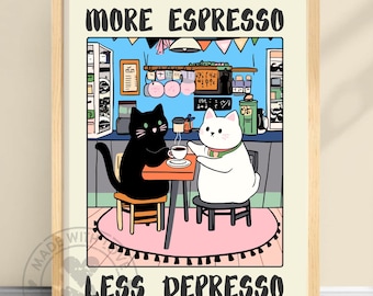 Funny Black Cat Coffee Print: Espresso Lover Kitchen Decor