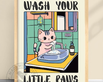 Wash Your Paws Cat Print – Cute Kitten Bathroom Poster, Kawaii Art, Children&#39;s Washroom Decor, Handwashing Sign, Cat Lover Gift #CATPAW1