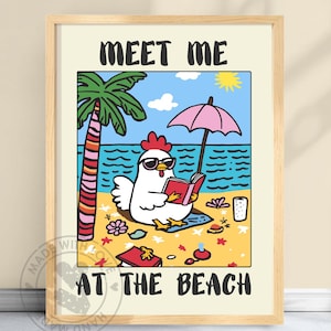 Treffen Sie mich am Strand Lustiges Huhn Poster - Trendige Küstenwandkunst, ästhetisches Dekor des Ozeans, neutraler Typografie Druck, Strandhaus #CHIMEET