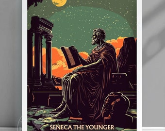 May include: A framed art print featuring an illustration of Seneca the Younger reading a book. The artwork has a vintage style with a color palette of orange, green, and brown. The text "SENECA THE YOUNGER 121-106 CE" is at the bottom.